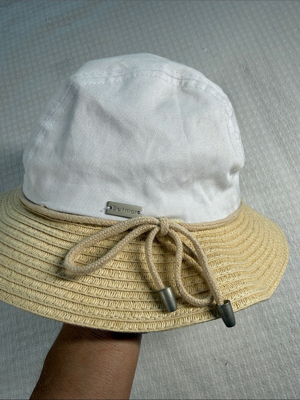 Betmar white cotton and tan woven bucket hat preppy, beach, sun protection